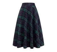 Ylingjun Jupe Longue en Laine à Carreaux pour Femme - pour l'hiver et l'automne - Taille Haute élastique - Évasée - en Tartan, Vert, Taille L