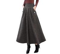 Ylingjun Jupe longue en laine chaude pour femme - Pour l'hiver et l'automne - Élastique - Taille haute - Ligne A - Jupe plissée évasée en laine, café, Taille XL