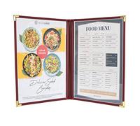 Ylittaa Lot de 6 couvertures de menu, livrets doubles pages, 2 poches, 4 vues pour papier format lettre de 21,6 x 28 cm, bordure bordeaux + coins en métal doré, fabriquées en similicuir et vinyle