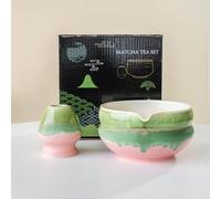 YlobdolY Ensemble de bol à matcha et bol en céramique avec boîte cadeau noire, ensemble traditionnel fait à la main avec rainures rayées et à changement de four en porcelaine émaillée japonaise pour