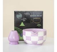 YlobdolY Ensemble de bols à matcha en céramique avec support pour fouet à matcha et bol avec bec verseur, motif treillis fait à la main, en porcelaine émaillée traditionnelle japonaise, avec coffret