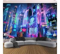 YlobdolY Tapisserie murale extra grande Cyberpunk Future City, vue nocturne fantastique originale, décor mural en tissu léger pour chambre à coucher, salon, dortoir universitaire, extérieur L