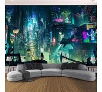 YlobdolY Tapisserie murale extra grande Cyberpunk Future City, vue nocturne fantastique originale en tissu léger, décoration murale pour chambre à coucher, salon, dortoir universitaire, extérieur I