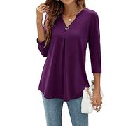 YloveM Chemisier pour Femmes Manches 3/4 Col V Blouse Décontracté Tunique Top Couleur Unie Longues Blouses Élégante Shirts