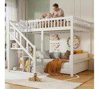 YLSZHY Lit superposé 140 x 200 cm avec escaliers de rangement, cadre de lit mezzanine en bois de pin massif avec espace de rangement et garde-corps de sécurité, lit double pour adultes, enfants