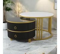 YLSZHY Lot de 2 tables basses empilables rondes avec 2 tiroirs et structure en métal effet marbre pour salon, chambre ou petit espace (Noir)