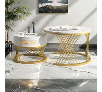 YLSZHY Lot de 2 tables basses empilables rondes avec tiroir en rotin et structure en métal Effet marbre pour salon, chambre ou petit espace Blanc 1 tiroir