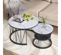 YLSZHY Lot de 2 tables basses gigognes rondes modernes empilables avec rangement, dessus de table en bois à motif marbré et cadre en métal, table de nuit pour salon, chambre à coucher (forme en V noir