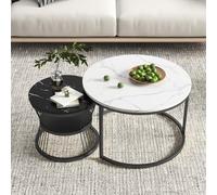 YLSZHY Lot de 2 tables basses gigognes rondes modernes empilables avec rangement, dessus de table en bois à motif marbré et cadre en métal, table de nuit pour salon, chambre à coucher (noir et blanc1)