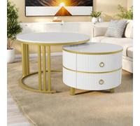 YLSZHY Lot de 2 tables basses rondes empilables avec 2 tiroirs et structure en métal effet marbre pour salon, chambre ou petit espace (blanc)