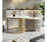 YLSZHY Lot de 2 tables basses rondes empilables avec 2 tiroirs et structure en métal effet marbre pour salon, chambre ou petit espace Gris