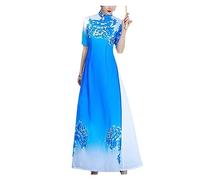 YLWX Robe Vietnamienne Ao Dai Qi Pao 2023, Fleur De Lotus Traditionnelle Cheongsam, Robe Chinoise Mince D'été Costumes De Passerelle Longue (Color : Bleu, Size : L)