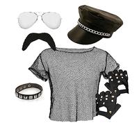 YMCA Ensemble d'accessoires Macho Man des années 70 - Haut en maille chapeau de motard et lunettes de soleil, brassard clouté et gants sans doigts