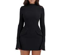 YMDUCH Mini Robe Moulante à Manches Longues et col roulé pour Femme, Noir, Taille M
