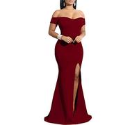YMDUCH Robe de soirée Longue à épaules dénudées pour Femme, Rouge Bordeaux/Blanc, Taille S