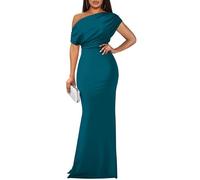 YMDUCH Robe de soirée Longue et Moulante, sans Manches, Encolure asymétrique, pour Femme, Bleu Paon, Taille XL