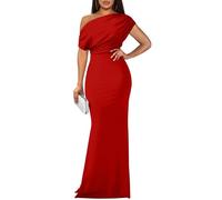 YMDUCH Robe de soirée Longue et Moulante, sans Manches, Encolure asymétrique, pour Femme, Rouge, Taille S