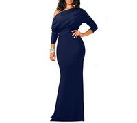 YMDUCH Robe de soirée Moulante élégante à Manches Longues et épaules dénudées pour Femme, Bleu Marine, Taille L