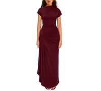 YMDUCH : Robe longue de fête pour femme, à manches courtes, décontractée, col bateau, froncé, découpe haute et fendue, moulante, Rouge bordeaux/blanc, Taille M