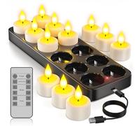 Yme Lot de 12 bougies chauffe-plat rechargeables avec fonction minuterie et station de charge - Bougies LED rechargeables - Bougies vacillantes avec télécommande - Minuterie pour chambre, salon,