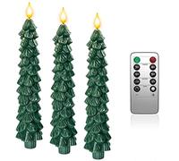 Yme Lot de 3 bougies LED pour sapin de Noël avec fonction minuterie et télécommande, vert en cire véritable, flamme vacillante pour l'hiver, la maison, le sapin de Noël, coffret cadeau