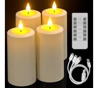 Yme Lot de 4 bougies LED rechargeables avec télécommande - Bougies piliers électriques rechargeables - Bougies vacillantes avec minuterie - Pour la maison, la chambre d'extérieur, les lanternes