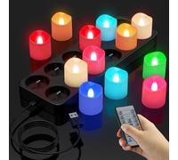 Ymenow Bougies chauffe-plat rechargeables sans flamme avec télécommande et minuterie, 12 pièces de fausses bougies électriques à LED RVB à changement de couleur pour la décoration