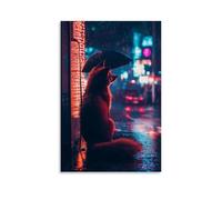 YMHDJYH Poster animal néon, renard cyberpunk sous la pluie - Décoration murale moderne à suspendre - 30 x 45 cm