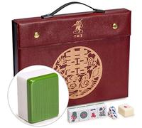 YMI Mahjong Chinois Rouge Heritage, 146 tuiles | 146 tuiles gravées en mélamine à rayures vertes, étui vinyle rouge, dés et indicateur de vent; 4,3 kg. Chinois uniquement.