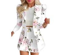 YMING Ensembles 2 Pièces Pour Dames Blazer À Revers Et Veste À Manches Longues Avec Short Taille Haute Pour Le Travail Floral Blanc XS