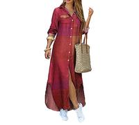 YMING Femme Casual Floral Maxi Revers à Manches Longues Chemise Longue Robe Lâche Split Maxi Robes Vin Rouge XL