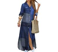 YMING Femme Casual Long Maxi T Shirt Robes Lâche Roll Up Button Down Split Dress Abstract Printing Bleu S
