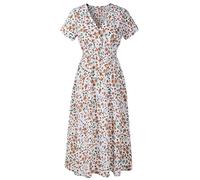 YMING Femme Manches Courtes Robe Bohème Robe en Mousseline De Soie à Col en V Robe Au Genou Blanc L