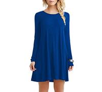 YMING Femme Manches Longues Couleur Fixe Swing Ourlet Robe décontractée Tunique col Rond Robe Tops Robe t-Shirt Bleu Roi XXXXL