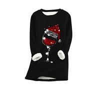 YMING Femme Noël Toison Doublé Sherpa Sweatshirt Coton Chaud Pull Verre à Vin Motif Loungewear Noir S