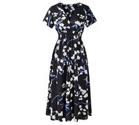 YMING Femme Robe à Fleurs Robe à Col en V Robe à Manches Courtes Robe Bohème Noir 2XL