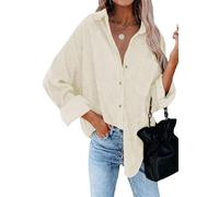 YMING Femme Veste Vintage Boutonné Velours Côtelé Chemise Lâche Cardigan Oversize Beige XXL