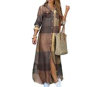 YMING Femmes à Manches Longues Imprimé Chemise Robe Casual Lâche Boutonné Split Party Maxi Robes Kaki XL
