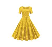 YMING Femmes Audrey Hepburn Style Robe Années Vintage Polka Robe À Pois Thé Cocktail Robe Jaune XL