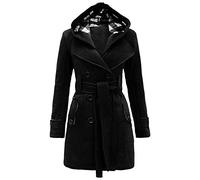 YMING Femmes Chaud à Capuche Manteau élégant Veste à Double Boutonnage En Laine Avec Ceinture Veste Portefeuille Décontractée Vêtements D'extérieur Noir XXL