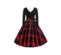 YMING Femmes Cocktail Robe Swing Audrey Hepburn Robe Taille Haute Col en V Robe de fête à Carreaux Rouge Bleu L