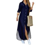 YMING Femmes Couleur Pure Robe Chemise Longue Robe à Manches Longues Robe Maxi Fendue Bleu Marine L