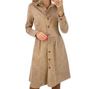 YMING Femmes Couleur Unie Manches Longues Chemise Robe Unique Boutonnage Taille Haute Robe Décontractée Bouton Robe Kaki L