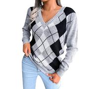 YMING Femmes Court Col en V Plaid Tricoté Pull Crop Losange Imprimé Pull De Mode Pull Tricoté Top Gris S