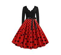 YMING Femmes Elégant Robe Vintage Mode Audrey Hepburn Robe Couleur Bloc V Neck Party Robe Rouge Dot XL