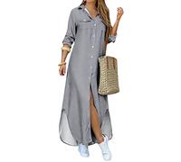 YMING Femmes Manches 3/4 Imprimé Chemise Robe Décontractée Lâche Poche Boutonnée Split Party Maxi Robes Gris XL