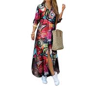 YMING Femmes Maxi Oversize Longue Robe Lâche Multicolore Bloc Tunique Robe à Manches Enroulées Tie Dye Rouge L