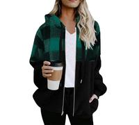 YMING Femmes Mode Veste Légère À Capuchon Confortable Tous Les Jours Vêtements De Poche Couleur Bloc Manteau D'automne Vert 3XL
