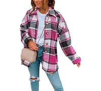 YMING Femmes Plaid Poches Boutons Urban Wind Manches Longues Plus Grande Taille Tops Manteaux Chemises Vestes Coupe - Bois Vestes Femmes Mode Rose Rouge M