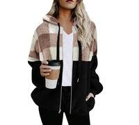 YMING Femmes Plaid Pocket Front Open Full Zip Hooded Jacket Manches Longues Loose Collage Couleur Manteau Poudre Blanche S